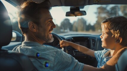 Quality Time Together: Captures the joy and learning moments shared between a father and son during a driving lesson