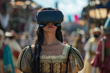 Step into a vibrant world through VR goggles, exploring a vivid Renaissance fair filled with costumed characters inspired by classic literature at eye level