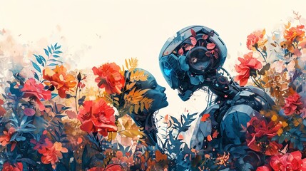 Engage your target market with a watercolor painting featuring a tender moment between a humanoid robot and a human in a lush garden, viewed from an unexpected low angle Meld robotics with romanticism