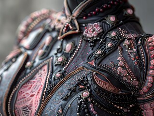 Obraz premium Capture the intricate details of futuristic couture in a close-up shot, blending traditional elegance with virtual reality vibes for a high-tech haute couture look