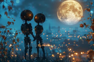 Delight your audience with a CG 3D illustration capturing a robotic duo on a romantic moonlit stroll from a mesmerizing worms-eye view Show intricate metallic details against a dreamy backdrop