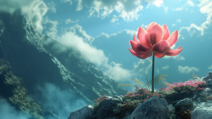 A pink lotus flower is blooming on a rocky cliff. The sky is blue and cloudy and there is mist in the background.

