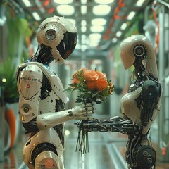 Capture attention with a photorealistic digital artwork showcasing a robot presenting a bouquet to its human companion in a futuristic setting, emphasizing intimacy and innovation from an unusual pers