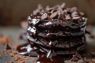 chocolate pancakes with a pile of chocolate sauce and chocolate chips, generative ai