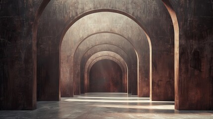 A long, concrete hallway with arched openings on both sides.