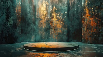 A spotlight shines down on a circular stage in the center of a large, dark, grungy room.