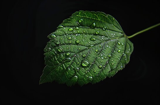 Close up of green leaf with water drops isolated on black background, macro photography, high res