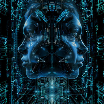 Abstract illustration of two woman&rsquo;s profile portraits invoking ancient Janus image, surrounded by digital interfaces. Interpretation and personification of dualist AI technology, blue color.