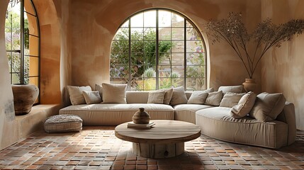 spacious half-round sofa, soft cushions, and a rustic round coffee table