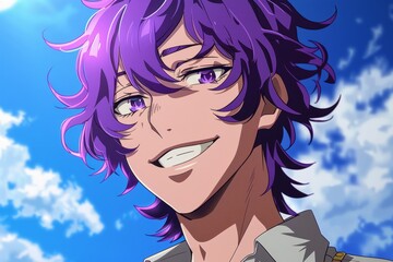 The boy with purple hair looked handsome and sweet, generative ai