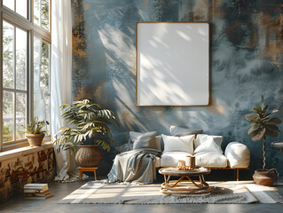 Slate Elegance: White Frame Mockup in Scandinavian Dining Room Setting - obrazy, fototapety, plakaty