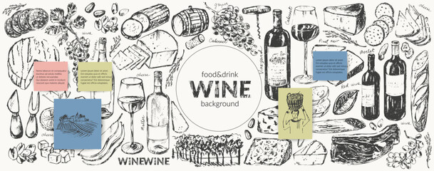 Vector wine illustration. Wine bottle, glass, snack