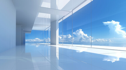 Minimalist interior building, blue sky and white clouds