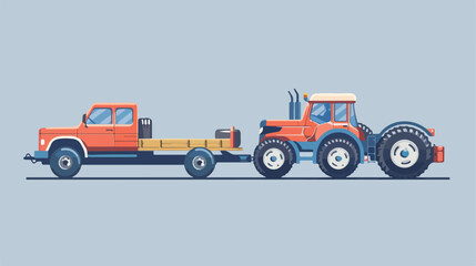 A pickup truck tows a tractor on a trailer isolated.