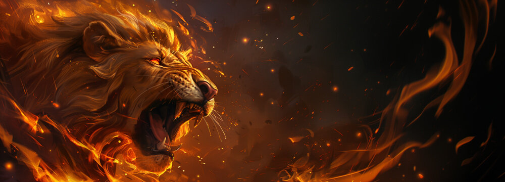 Furious lion head with fire roaring on dark background with space for text