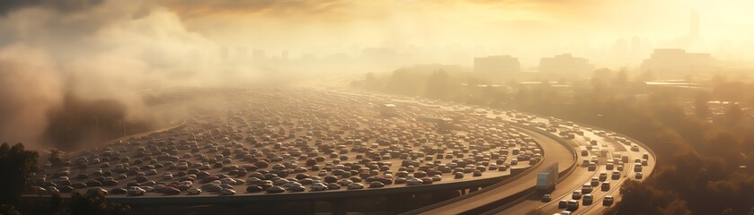 Overhead view of a crowded highway with heavy traffic contributing to air pollution on a hot, smoggy day, emphasizing urban environmental challenges