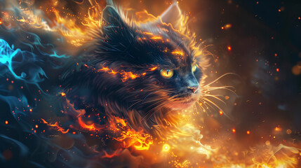 Fantasy mighty cat head with fire