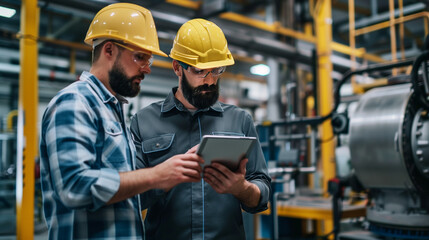 Male automation engineers discussing over digital tablet in industry