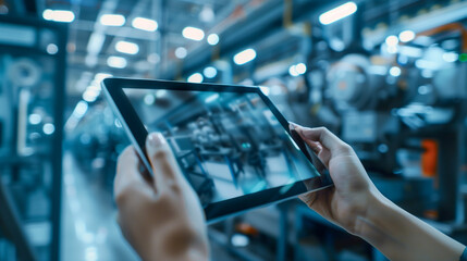 
Smart industry control concept.Hands holding tablet on blurred automation machine as background