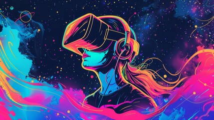 A poster of a woman looking at the galaxy with three AR smart glasses.