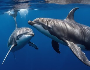A dolphin is swimming in the ocean with its head above the water