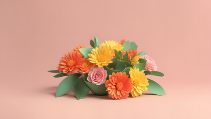 A vase of flowers sits on a pink background