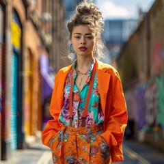 Urban Chic: Bold Street Fashion in Focus with a Sharp Medium Shot Against a Blurry City Backdrop