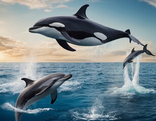 Obraz premium A group of orcas are leaping out of the water