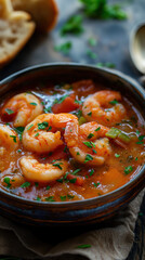  New Orleans Shrimp and tomato soup in a bowl, with bread on the side. warmth and joy homemade...