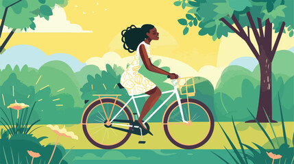Afro american woman riding a bicycle in park. Vector