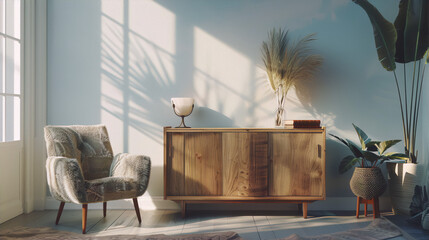 3D rendering of a bright and airy living room interior with a large window, a wooden cabinet, a fluffy armchair, and potted plants in the background.