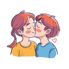 Couple of friends or girl and boy that in love with each other, they have a kiss, colorful illustration