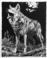 A black and white linocut print of a wolf howling at the moon.