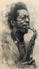 A black and white portrait of a jazz musician playing the saxophone.
