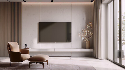 Luxury minimalist living room interior design with cream walls, marble floor, and designer furniture in beige and brown tones