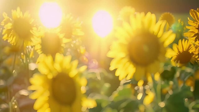 Rows upon rows of neatly planted sunflowers cover an open field their bright yellow blooms tilting towards the sun while bees buzz between them pollinating the flowers and aiding in .