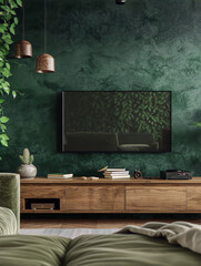 A living room with a dark green wall, wooden TV stand, and green velvet sofa in a modern interior design style with a focus on natural materials and colors conveying a sense of calm and tranquility.