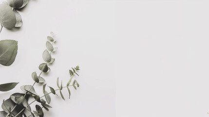 Beige background with eucalyptus sprigs in the corner
