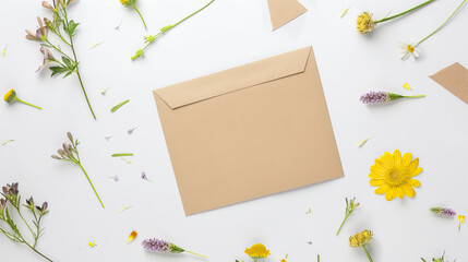 beige envelope on a white background with flowers
