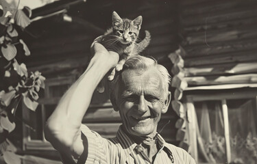 An elderly man holding a kitten over his head retro photo
