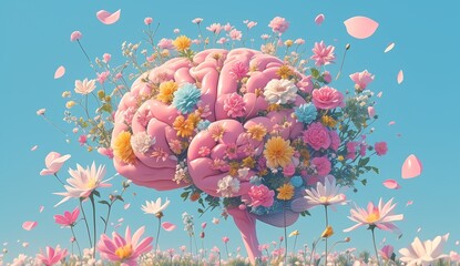 A human brain made of colorful flowers, creative illustration