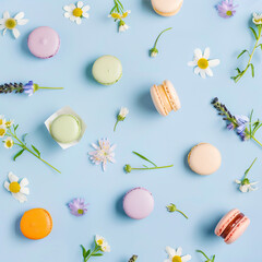 Macarons and flowers on a blue background
