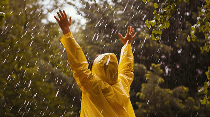 A child in a yellow jacket enjoys the rain
