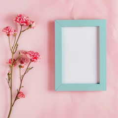 Empty blue frame on a pink background with a sprig of flowers
