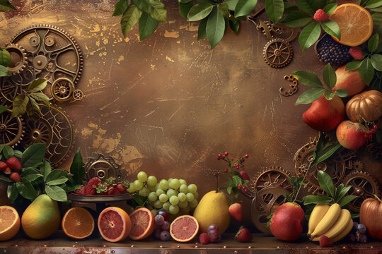 Rustic still life of fruits and grape vines with steampunk gears on a metallic background in a retro futurism style
