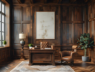 Warm Ambiance: Dark Wood-Paneled Wall Sets Tone for White Frame Mockup in Office
