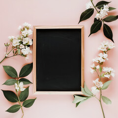 Black, coated board in a wooden frame on a pink background
