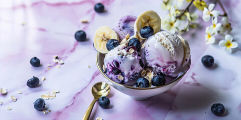 Bowl with ice cream, banana and blueberries on the table
