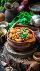  spanish beans with shrimps and vegetables in a wooden bowl on a dark background, surrounded by...