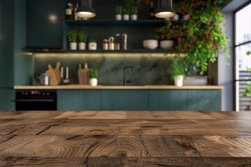 Rustic wooden table in a blurred background of a modern kitchen with green cabinets and stainless steel appliances in the background